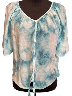 Tie-Dye Blue & White Counterparts Button-Front Blouse With Short Sleeves & Tie H